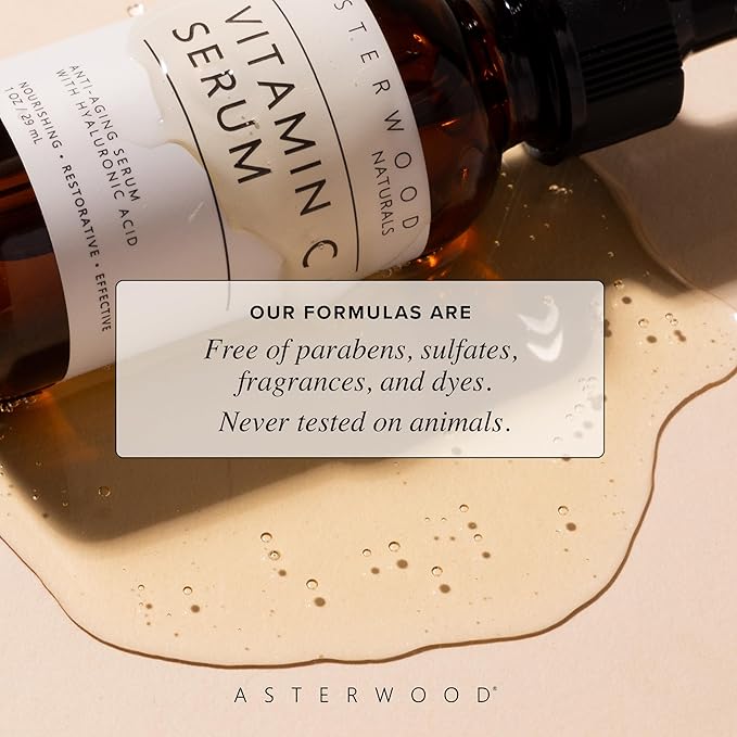 Asterwood Vitamin C Face Serum - with Hyaluronic Acid - Smoothing, Hydrating, Stimulates Collagen Production - Fragrance-Free - 8 Fl Oz
