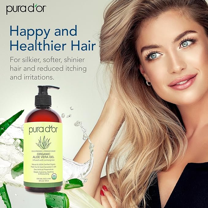 PURA D'OR 16 Oz ORGANIC Aloe Vera Gel - Lemongrass - All Natural - ZERO Artificial Preservatives - Deeply Hydrating & Moisturizing - Sunburn, Bug Bites, Rashes, Small Cuts, Eczema Relief - Skin & Hair