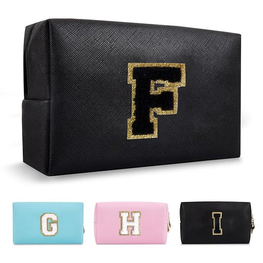 Personalized Initial A-Z Preppy Patch Makeup Bag,Small PU Chenille Letter Cosmetic Bag with Zipper for Teen Girls,Black Cute Toiletry Organizer Bag,Monogram Makeup Case Gift for Women Girls,Letter F