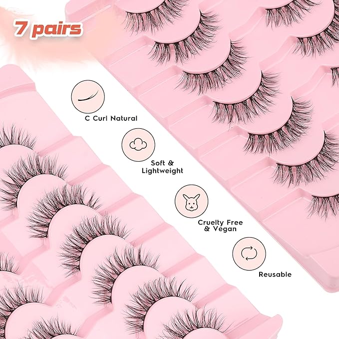 Lashes Natural Wispy Eyelashes 15mm Strip Lashes Pack False Eyelashes 0.1MM Thin Band C Curl Eye Lashes 3D Volume False Eyelashes Siligli Lashes 7 Pair