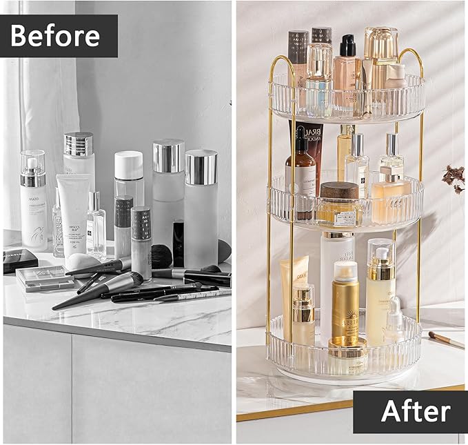 Rotating Makeup Organizer for Vanity, Large Capacity Skincare Perfume Storage, Bathroom Counter Organizer, 360 Spinning Cosmetic Dresser Countertop Organizers (Clear, 3 Tier)