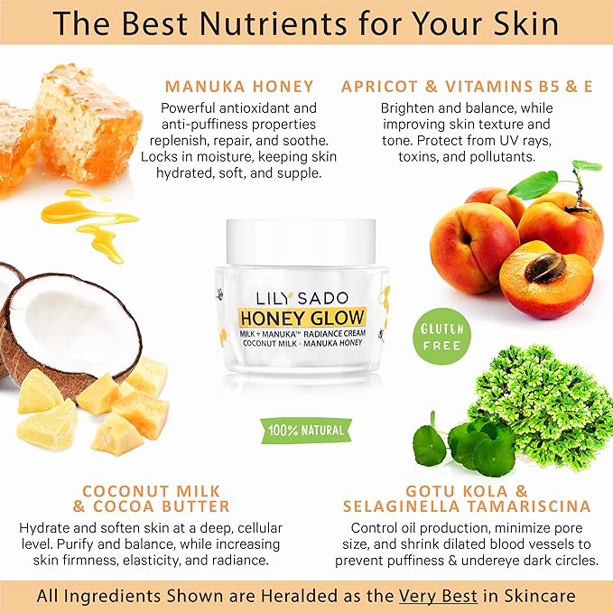 LILY SADO HONEY GLOW Radiance Cream Face Moisturizer - Natural Daily Facial Lotion w Manuka Honey, Coconut, Apricot, Gotu Kola, and VITS B5 & E - Amazing Anti Aging Formula. 2 oz