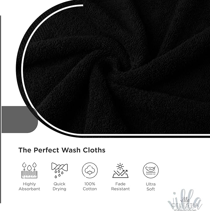 100% Cotton Wash Cloth for face & Body Set of 12, (12 x 12 inches) Sustainable, Soft, Highly Absorbent, Combed Cotton Wash Cloths Pack of 12 for Hotels, Spa, Bathroom, Dorm, Black