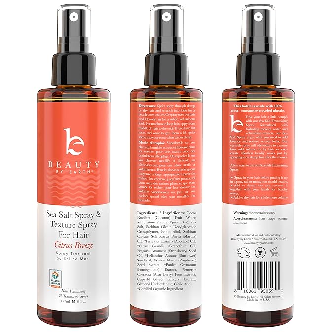 Beauty by Earth Sea Salt Spray for Men & Women - Texture Hair Spray for Adding Volume & Beachy Waves, USA Made with Organic Ingredients