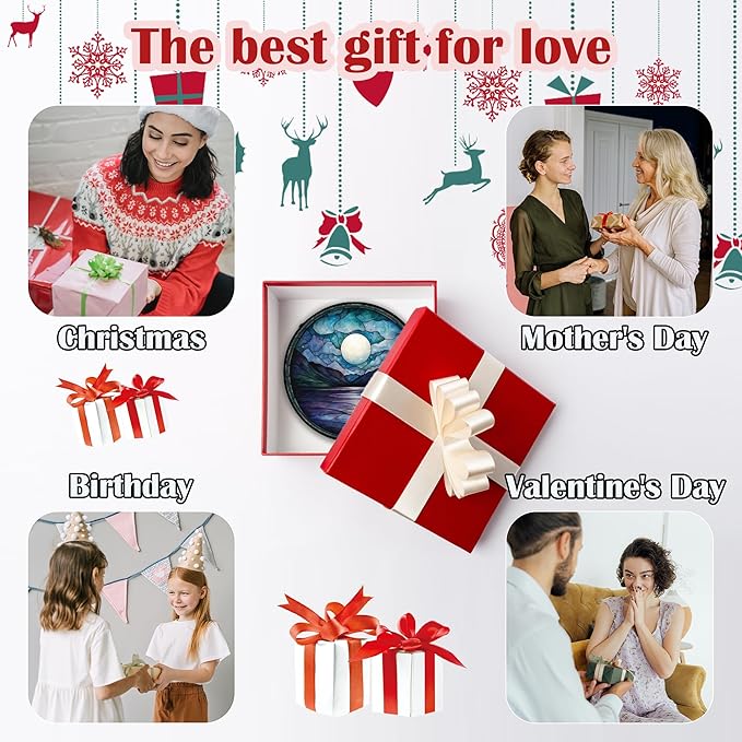 Stained Glass Window Hanging, Blue Night Moon Lake Sun Catchers Colorful Glass Panel Landscape Suncatcher Decor for Birthday for Women, Men, Wife, Aunt, and Mom 11.8x11.8 in