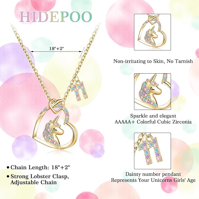 Hidepoo Birthday Unicorns Gifts for Girls - Unicorn Necklace Birthday Gift for 3-16 Year Old Girl Colorful CZ Heart Pendant Unicorn Necklace for Girls Gifts Jewelry