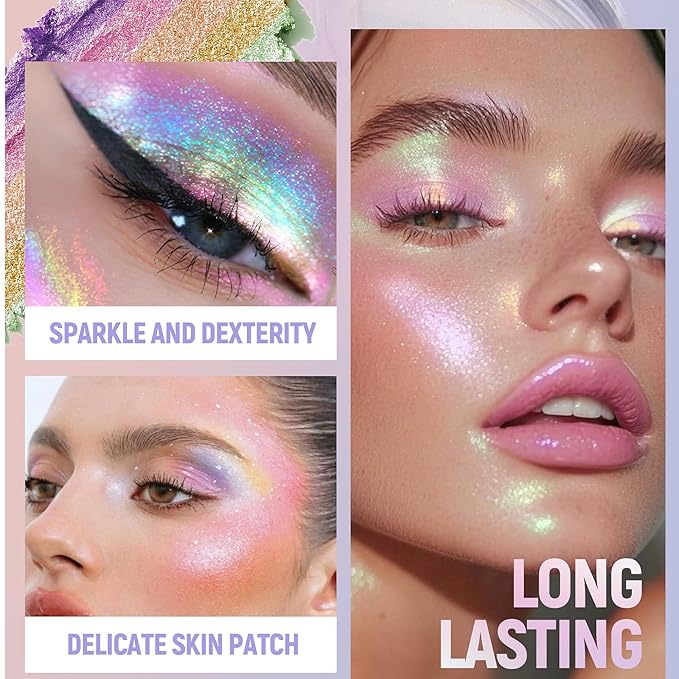 Multi-Use Chameleon Eyeshadow & Highlighter Palette – Iridescent Multichrome Shimmer with Color-Shifting Glow, Long-Lasting Waterproof Glitter Makeup for Eyes, Face & Festival (Ice Prism Glow)