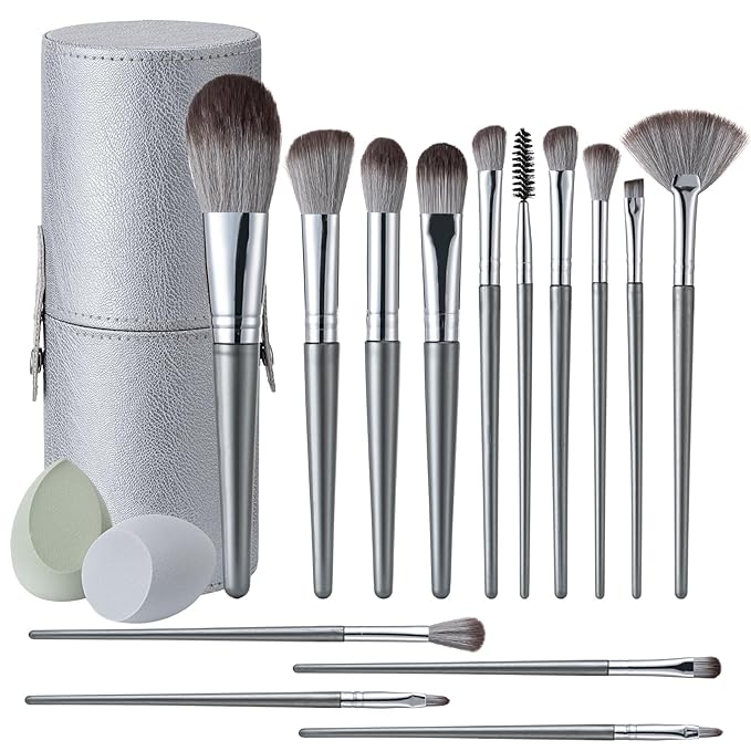 Makeup Brushes, 14 Pcs Professional Makeup Brush Set, Eye and Face Foundation Brush Set, Eyeshadow Brushes, Cosmetic Brushes, with 2 Blender Sponge and PU Case, Silvery