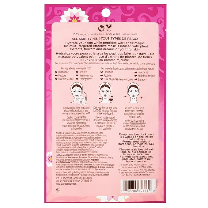 Pacifica Disobey Time Rose & Peptide Facial Sheet Mask 12-PACK Hydrating Anti-Aging Mask for Fine Lines & Dry Skin Infused w/Hyaluronic Acid & Chamomile Vegan & Cruelty-Free Dermatologist Tested
