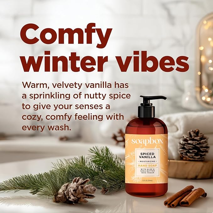 Soapbox Winter Hand Soaps, Spiced Vanilla & Frosted Pomegranate Liquid Hand Soap, Moisturizing Soap, Shea Butter & Aloe, Pack of 4, 12oz