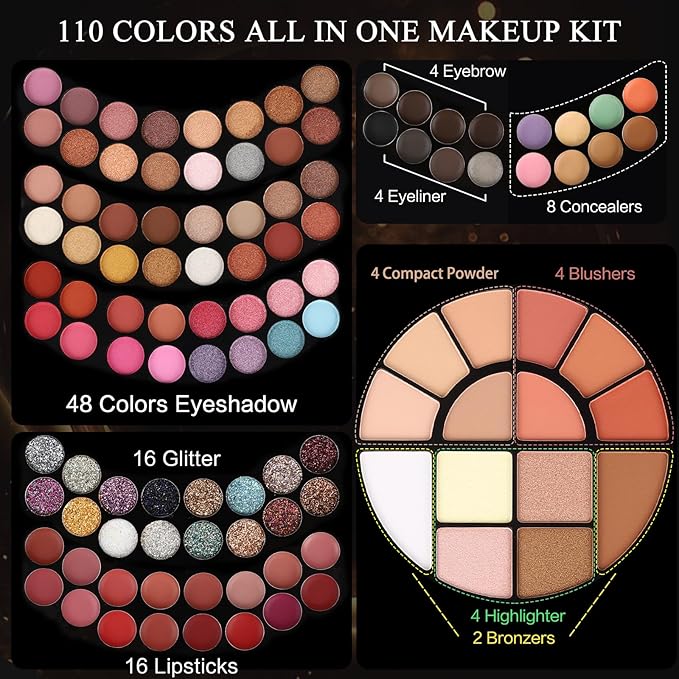 110 Colors Makeup Kit for Women Girl Full Kit Gift Set with Mirror All in One Make up Palette Included Eyeshadow Glitter Lipstick Concealer Eyeliner Eyebrow Highlighter Contour Blusher Compact PowderN
