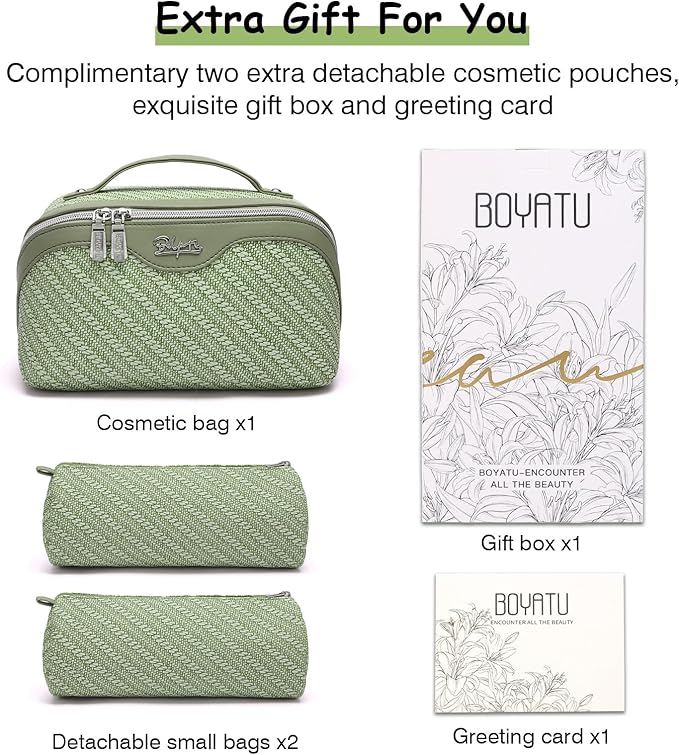 BOYATU Travel Makeup Bags for Women: Large Cosmetic Bag Waterproof - Vegan Leather Make up Bag Set of 3 - Compact Toiletry Organizer with Compartments & Handle & Divider (Z-Green)