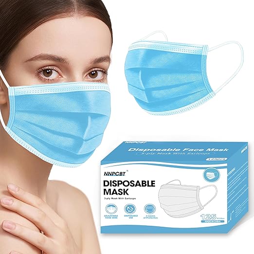 NNPCBT Blue Disposable Face Masks 125 Pack,3-Ply Breathable Mask For Adults,Great For Outdoors,Home, Office, School