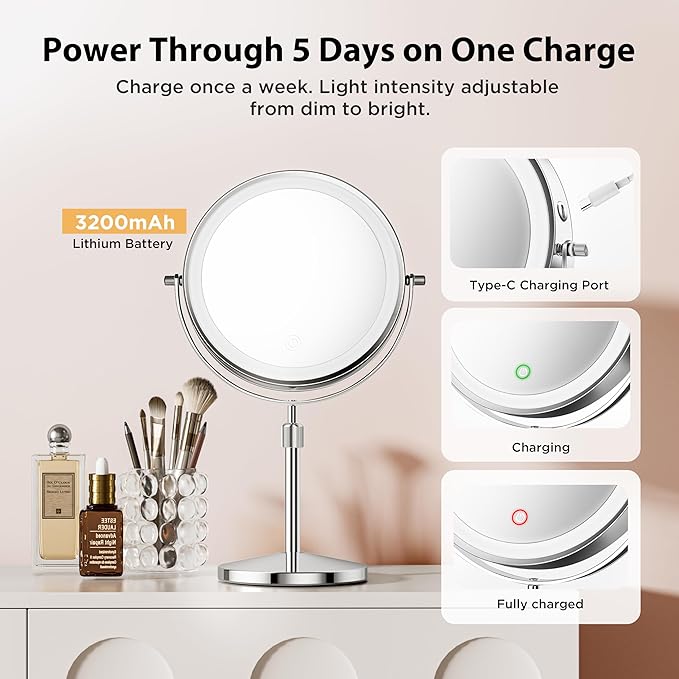 Makeup Mirror, 1X/30X Double Sided Magnifying Mirror/Switch with 3 Colors, 3200 mAh Rechargeable Vanity Mirror with 360° Rotation, Brightness Adjustable Magnification, Women Gift