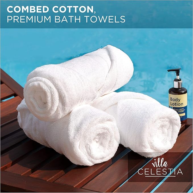 600 GSM 100% Cotton Bath Towels, White, Set of 2, Highly Absorbent, Plush, Soft, Quick Dry, 2 Pieces Combed Cotton Luxury Towels for Hotels, Spa, Salon, Bathroom, Dorm, Pack of 2