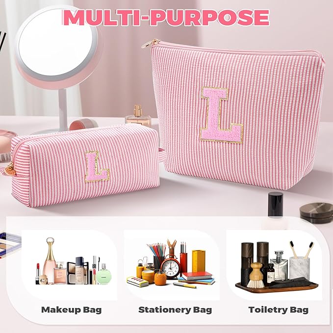 Monogrammed Gifts for Women - Cosmetic Bag for Teen,Initial Cute Makeup Bag Set for Women,Trendy Pouch for Niece Sister Friend Female Her,Birthday Gifts for Daughter - Peach,L