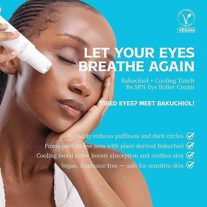 Re.SPN Bakuchiol Firming Roller Eye Cream – For Puffy Eyes, Wrinkles & Dark Circles with Gua Sha Applicator, Vegan, Natural Retinol, Niacinamide, K-Beauty (0.67 fl oz)