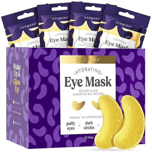 DERMORA Golden Glow Under Eye Patches | Rejuvenating Treatment | Dark Circles, Puffy Eyes, Refreshing, Revitalizing, Travel, Wrinkles | 50 Pairs Eye Gels