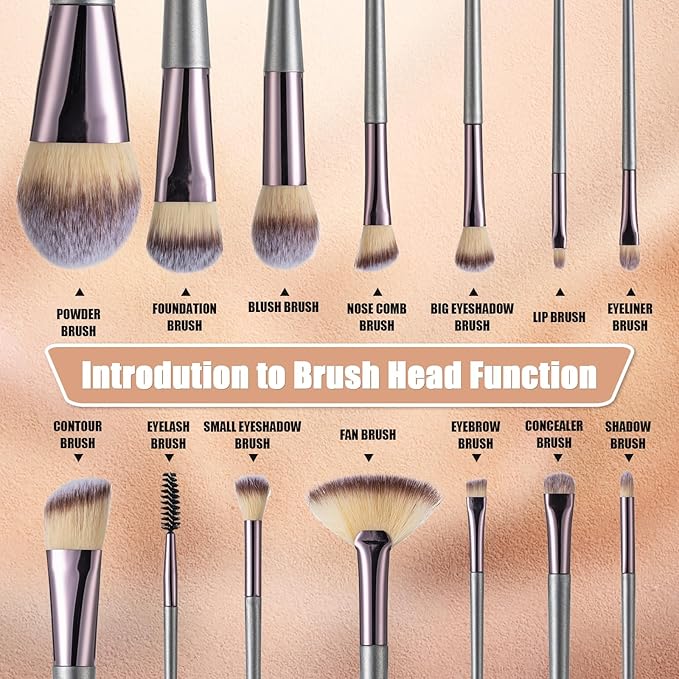 Makeup Brushes, 14 Pcs Professional Makeup Brush Set, Eye and Face Foundation Brush Set, Eyeshadow Brushes, Cosmetic Brushes, with PU Bag, Champagne