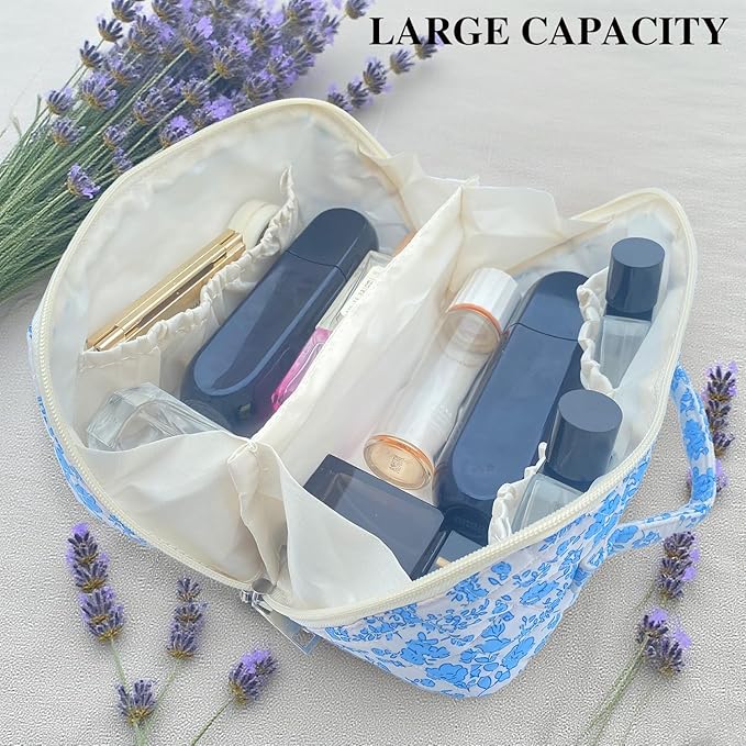 Blue Large Quilted Floral Makeup Bag Cute Coquette Aesthetic Cosmetic Bag Open Flat Travel Toiletry Make up Bag for Women