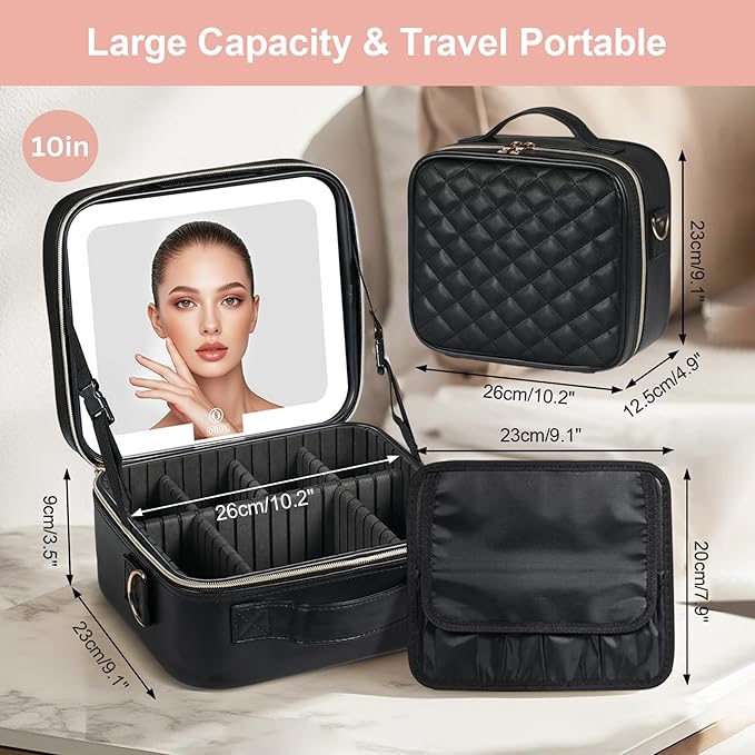 BEAUTY CASE Makeup Bag with Led Mirror, 10 Inch Portable Travel Cosmetic Organizer Case with Adjustable Dividers, USB Charging, Large Capacity, Ideal for Travel, Gift for Women Girls, Black