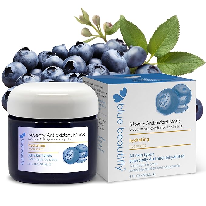 Blue Beautifly Bilberry Antioxidant Hydrating Face Mask - Infused with Blueberry, Açaí, and Spirulina Extract - Plant-based with No Synthetic Additives - Softens Lines. Improves Elasticity - 2 fl oz