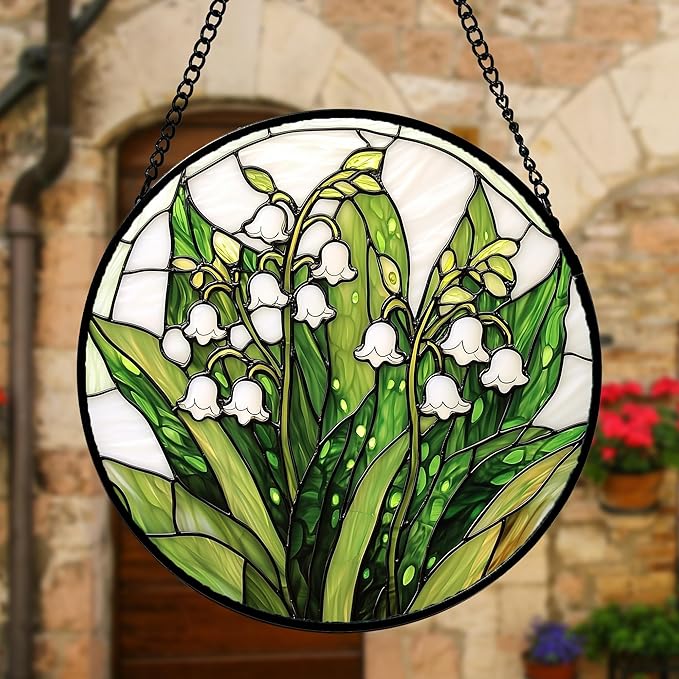 Stained Glass Window Hanging, Lily of The Valley Flower Sun Catchers Colorful Glass Panel Green Plants Suncatcher Decor for Birthday for Women, Men,Wife, Lovers, and Mom 9.8 in