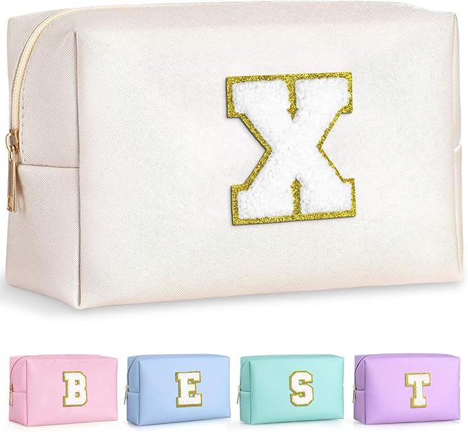 TOPEAST Initial Makeup Bags for Women, Personalized Portable Cosmetic Bag with Zipper, Cute Makeup Pouch, Bridesmaid Gifts for Wedding Day, Teen Girl Trendy Stuff(White X)