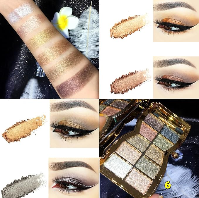 Glitter Eyeshadow Palette, 10 Colors Sparkle Shimmer & Matte Eye Shadow Highly Pigmented Waterproof Long Lasting Makeup Set (Color 6)