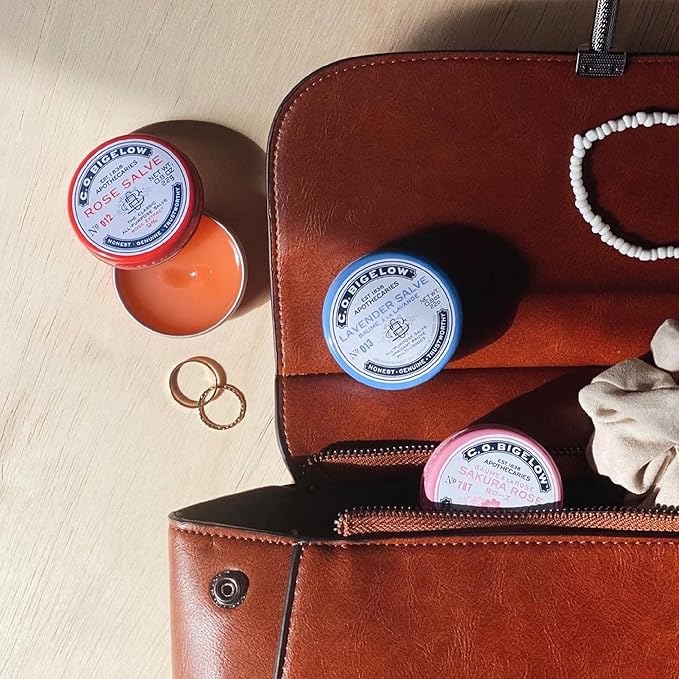 C.O. Bigelow Assorted Salve Tins, Pack of 3 Lip Balm Tins, Rose, Lavender, and Sakura Rose All Purpose Salve for Lips, Cuticles, Hands & Dry Skin, Lip Balm Set, 0.8 oz