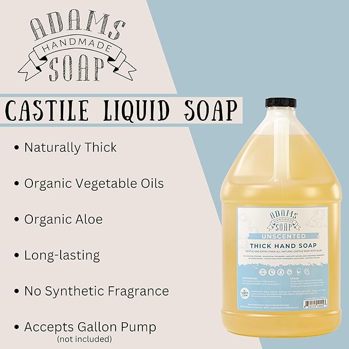 Adams Handmade Soap Thick Organic Castile Liquid Hand Soap 1 Gallon Refill- Unscented