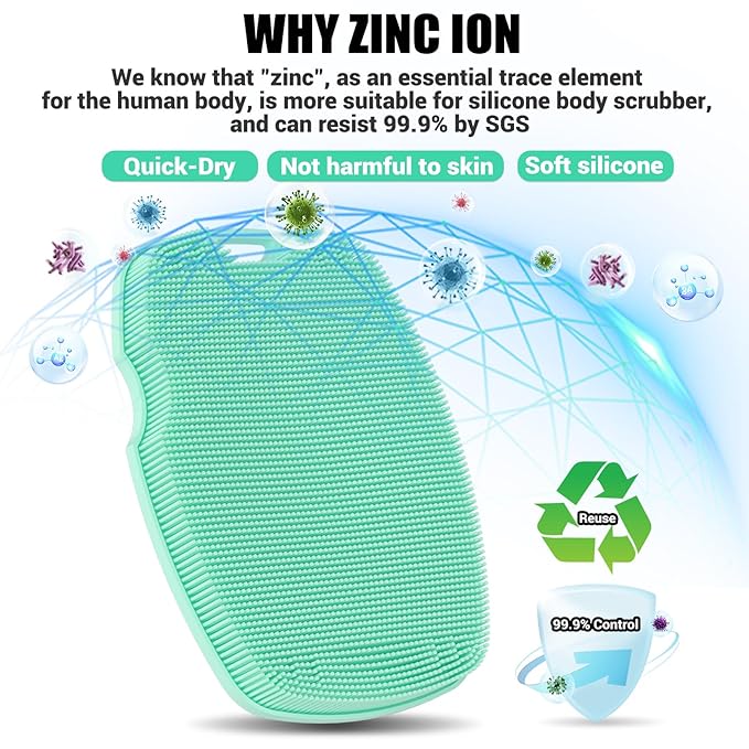 Silicone Body Scrubber - Anti Zinc Infused-Highly Elastic Bristles Exfoliating Body Scrubber for Shower Body,Cellulite Reduction,Blood Circulation - Green