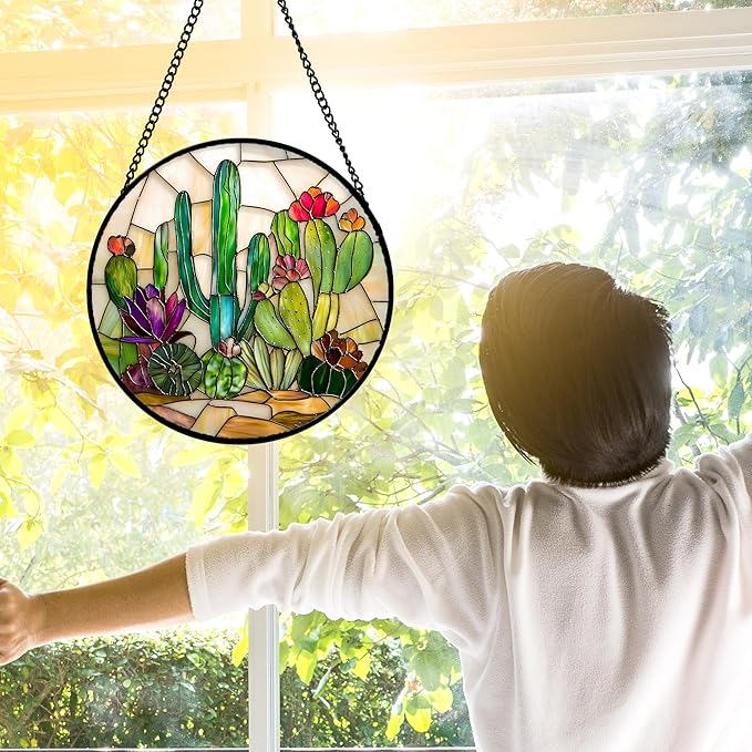 Stained Glass Window Hanging, White Green Cactus Suncatcher Diamond Glass Panel Hangings Sun Catchers Decor for Birthday for Women, Men, Wife, Aunt, and Mom 7.8 in