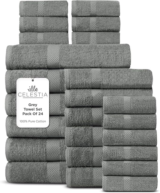 100% Cotton Bath Towel Set of 24-6 Bath Towels, 6 Hand Towels, 12 Wash Cloths, Sustainable, Soft, Highly Absorbent, Combed Cotton 24 Piece Set for Hotels, Spa, Bathroom, Dorm, Grey