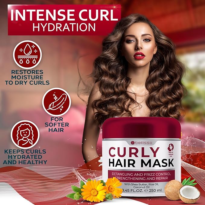 Curly Hair Mask - Deep Conditioning, Curl Enhancing Split End Repair for Women and Men - Strengthening Treatment Cream and Moisturizer Products for Dry, Damaged, Frizzy Hair - Anti Breakage Solution