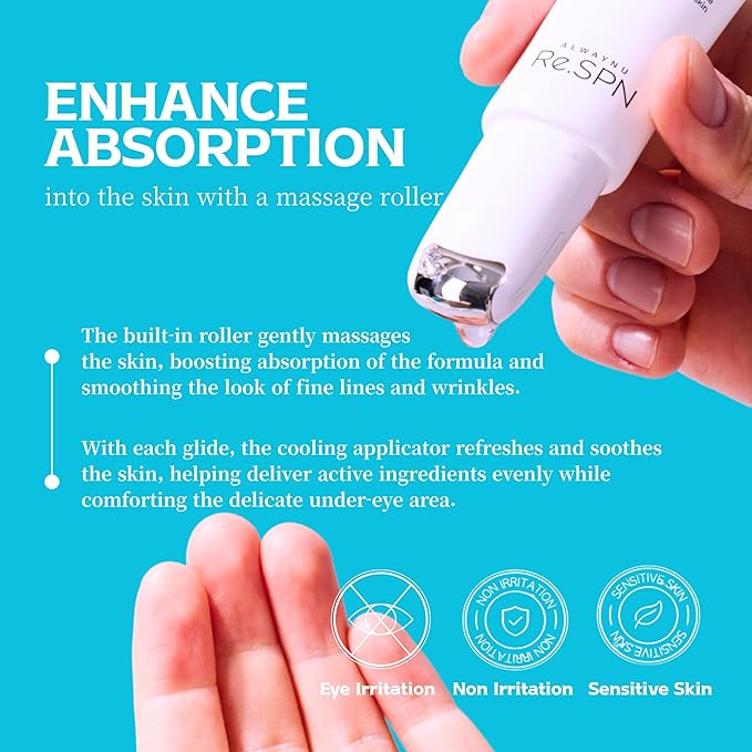 Re.SPN Peptide Firming Roller Eye Serum – For Puffy Eyes, Wrinkles & Dark Circles, Cooling Gua Sha Metal Applicator with Niacinamide, Vegan K-Beauty (0.67 fl oz)