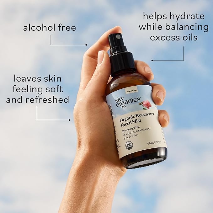 Sky Organics Organic Rosewater Facial Mist for Face, 100% Pure & Steam-Distilled USDA Certified to Hydrate, Balance & Refresh, 4 fl. Oz