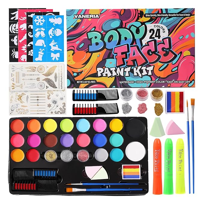 Vaneria 24 Colours Body & Face Paint Set - Quick-Drying,Water-Based Formula with Fluorescent Pens,Hair Coloring Combs,Glitter,Stencils & Brushes for Halloween, Party, Cosplay