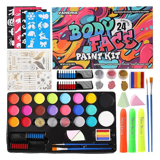Vaneria 24 Colours Body & Face Paint Set - Quick-Drying,Water-Based Formula with Fluorescent Pens,Hair Coloring Combs,Glitter,Stencils & Brushes for Halloween, Party, Cosplay