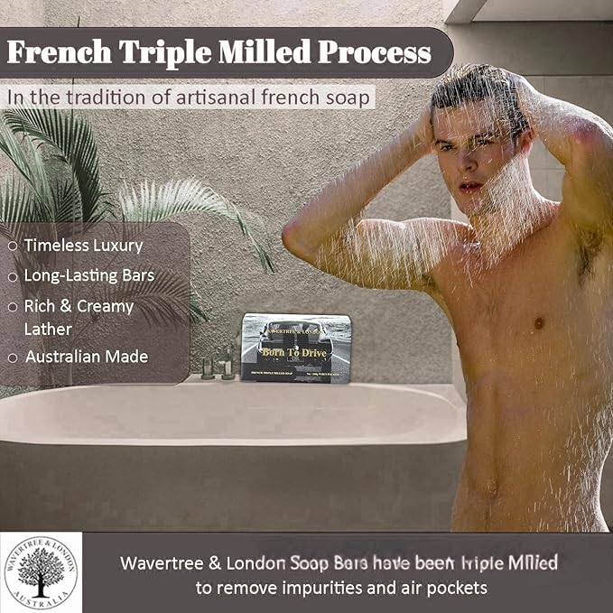 Wavertree & London Born To Drive Scented Natural Soap Bars (2 Bars), 7oz Moisturizing French Triple Milled Soap Bars enriched with shea butter - Pure Plant Oil Bath & Body Bars for All Skin Types