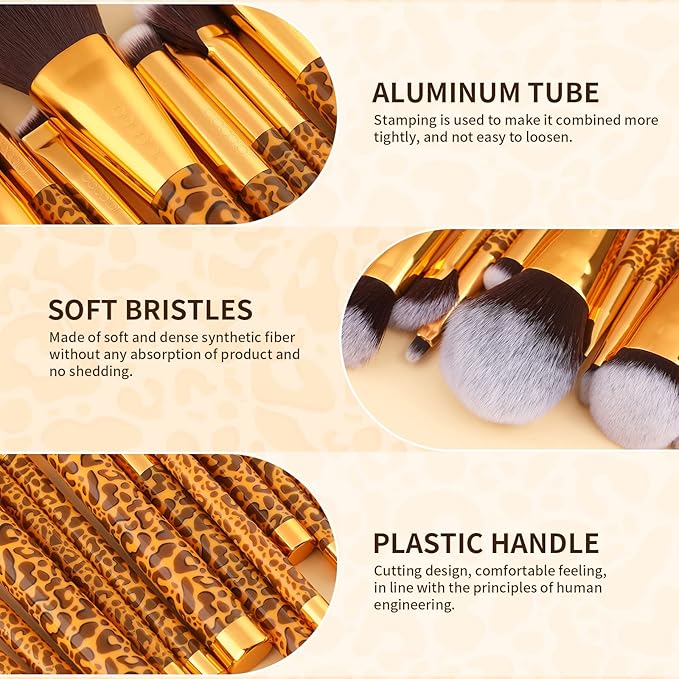 Docolor Makeup Brushes Leopard 14pcs Premium Synthetic Foundation Powder Concealers Eye shadows Blush Makeup Brush Set with 4pcs Makeup Puffs