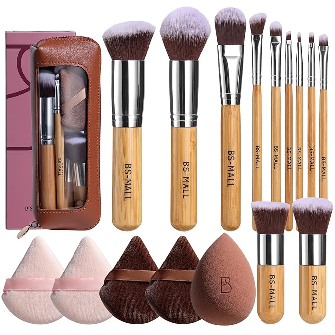 BS-MALL Makeup Brush Set 11Pcs Bamboo Synthetic Kabuki Brush Set Foundation Powder Blending Concealer Eye shadows Blush Cosmetics Brushes with Organizer Bag & Makeup Sponge (style, Count, 17)