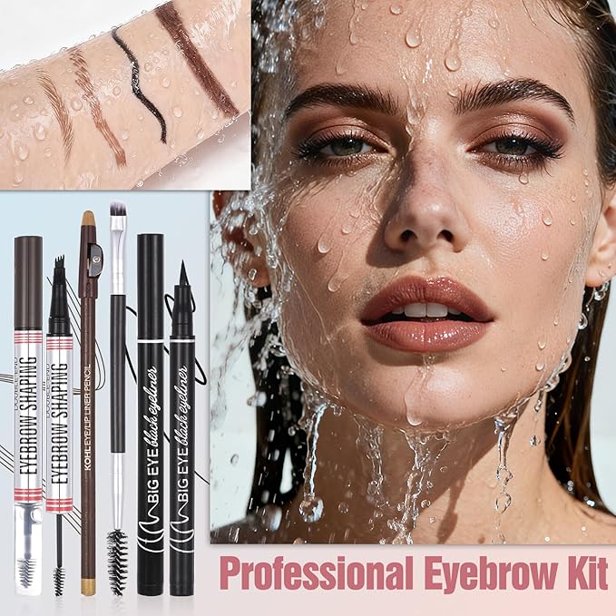 DAGEDA 4Pcs Dark Brown Eyebrow Pen Set, Easy to Color Brow Pencil and Black Eyeliner with Makeup Brush,Filling And Outlining Eyebrow Makeup Pencils for Women