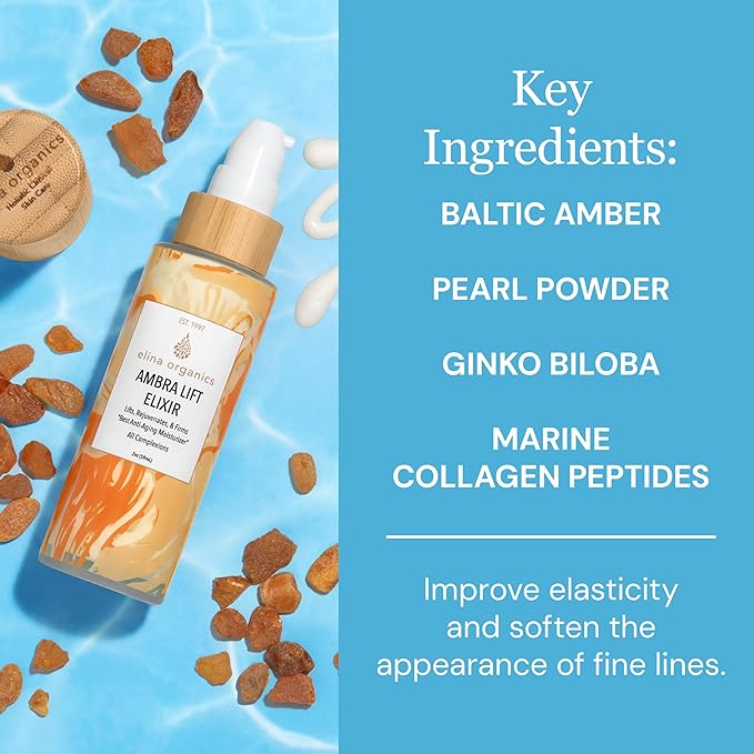 Ambra Lift Elixir, 2oz – Award-Winning Anti-Aging Moisturizer with Baltic Amber, Marine Collagen & Pearl Powder – Lifts, Firms & Hydrates – Organic, Vegan