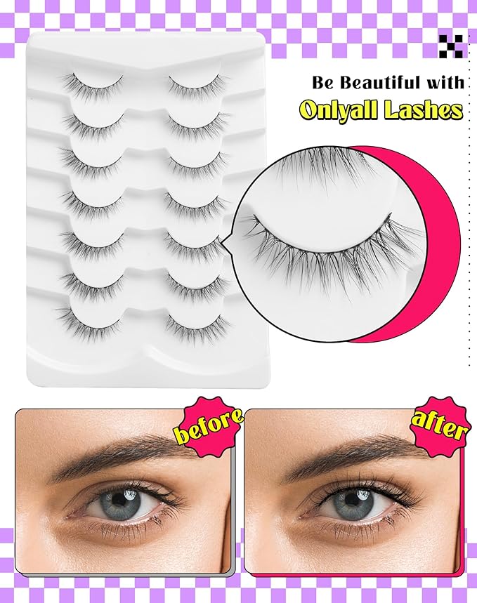 Onlyall Wispy Lashes - Natural Look False Eyelashes, Flared, Soft Fluffy, 7 Pairs D-K74