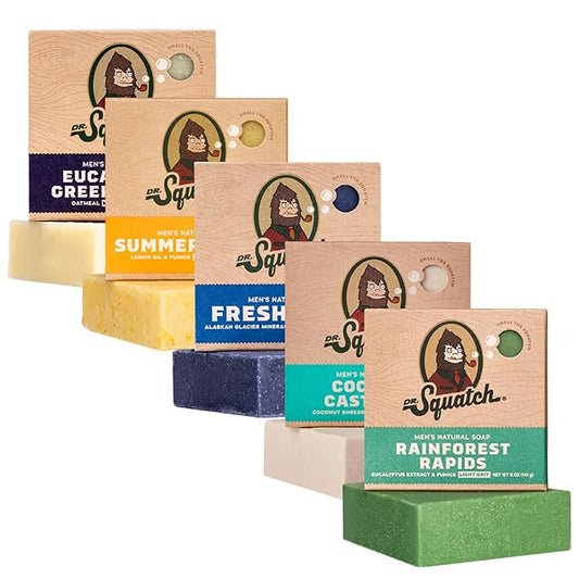 Dr. Squatch Natural Bar Soap for Men Variety Gift Set - Cold Process Soap No Harsh Chemicals - Rainforest Rapids, Coconut Castaway, Fresh Falls, Summer Citrus & Eucalyptus Greek Yogurt (5 oz, 5-Pack)