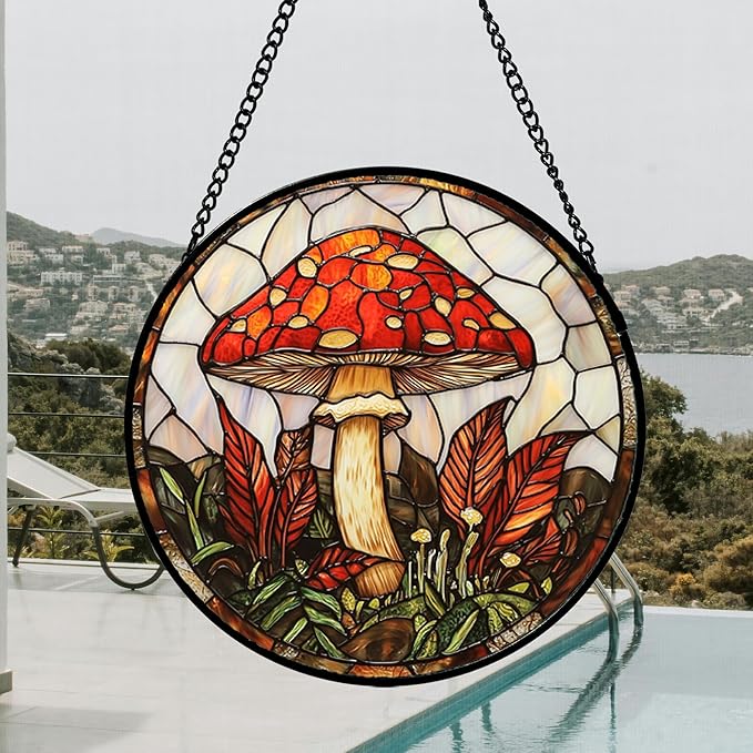 Stained Glass Window Hanging, Big Red Mushroom Suncatcher for Doors Home Sun Catchers Decoration and Christmas, Mother's Day Birthday Gifts for Women, Men, and Mom 14.9x14.9 in