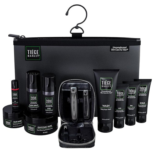 Tiege Hanley Men’s Skin Care Gift Set, Platinum – Face Wash, Scrub, AM/PM Moisturizers, Eye Cream, Serum, Clay Mask, Glycolic Pads, Lip Balm, Dopp Kit & Manicure Set – Ultimate Grooming Kit