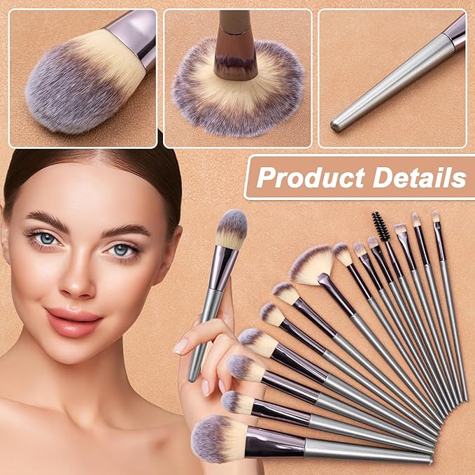 Makeup Brushes, 14 Pcs Professional Makeup Brush Set, Eye and Face Foundation Brush Set, Eyeshadow Brushes, Cosmetic Brushes, with PU Bag, Champagne
