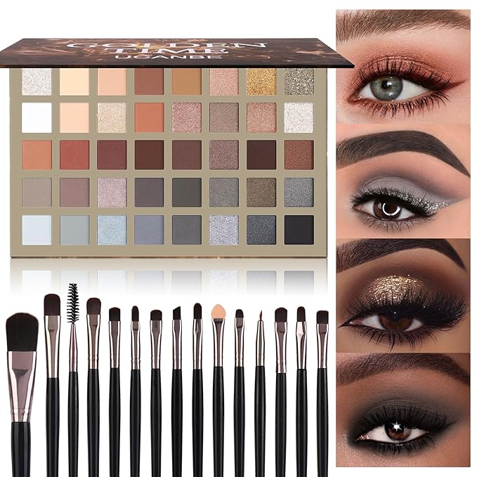 UCANBE Nude Eyeshadow Palette + 15 PCS Makeup Brushes Set, 40 Color Matte Shimmer Glitter Eye Shadow, Neutral Black Dark Grey Smoky Make Up Pallet Gift Kit Highly Pigmented Long Lasting Waterproof